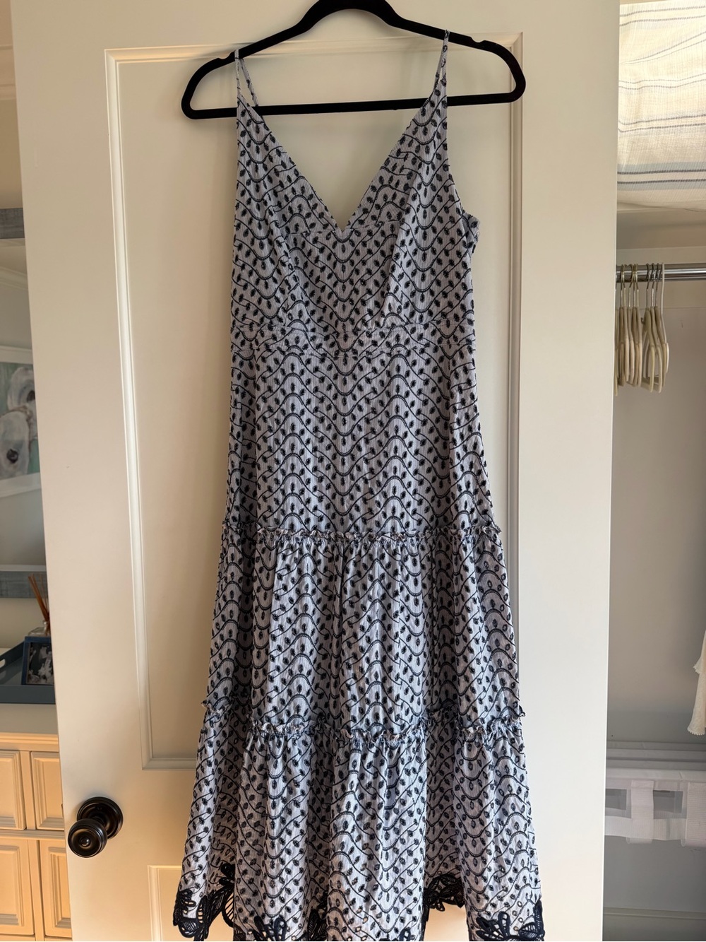 Derek Lam Blue and White Printed V-Neck Tiered Maxi Dress